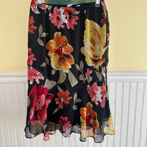 Kuda Large Black Red Floral Slip Skirt Pull on midi skirt silky fall colors - Picture 1 of 5